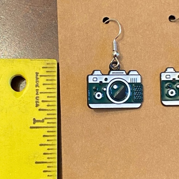 Retro Camera Earrings with Green and white Accents - Picture 4 of 4